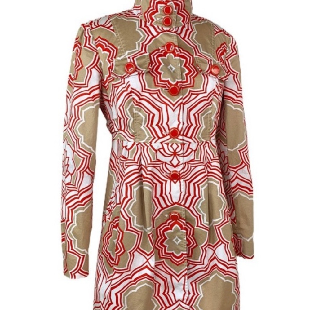 Etcétera tan and red print ladies trench coat